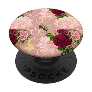 pink floral roses and honey bee geometric honeycomb cute popsockets popgrip: swappable grip for phones & tablets