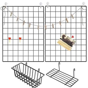 gbyan wire wall grid with baskets black photo grid metal wall organizer for wall decoration, picture display, memo board