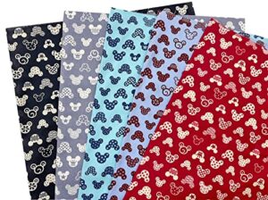 disney mickey mouse minnie heads character cartoon pattern 100% cotton in different color quilting fabric for patchwork needlework diy sewing crafting precut face mask 18x22 inches (set of 5 pieces)