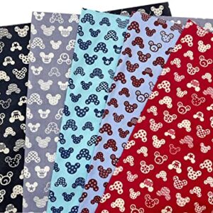 Disney Mickey Mouse Minnie Heads Character Cartoon Pattern 100% Cotton in Different Color Quilting Fabric for Patchwork Needlework DIY Sewing Crafting Precut Face Mask 18x22 Inches (Set of 5 Pieces)