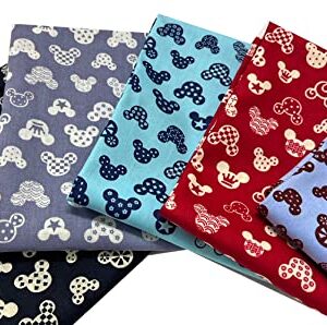 Disney Mickey Mouse Minnie Heads Character Cartoon Pattern 100% Cotton in Different Color Quilting Fabric for Patchwork Needlework DIY Sewing Crafting Precut Face Mask 18x22 Inches (Set of 5 Pieces)