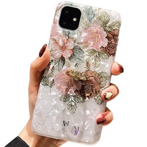 qokey iphone 11 case floral case cute clear flower case for women girls with 360 degree rotating ring stand holder kickstand soft tpu shockproof cover designed for iphone 11 6.1 inch brown flower