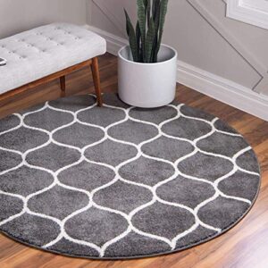 unique loom trellis frieze collection area rug - rounded (6' round, dark gray/ ivory)
