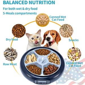 ORSDA Automatic Cat Feeder Wet Food/Dry Food, 5 Meal Timed Pet Feeder Easily Programmable & Voice Recorder & Easy to Clean, Dual Power Supply Auto Feeder for Cats/Small Dogs, for Weekend Trip Blue