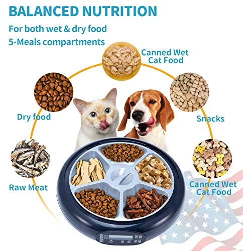 ORSDA Automatic Cat Feeder Wet Food/Dry Food, 5 Meal Timed Pet Feeder Easily Programmable & Voice Recorder & Easy to Clean, Dual Power Supply Auto Feeder for Cats/Small Dogs, for Weekend Trip Blue