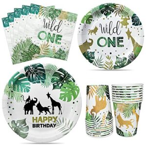 hipeewo wild one birthday decorations - wild one party supplies, including plates, napkins, and cups, 1st safari birthday decorations tableware set serves 24 guests 96 pieces