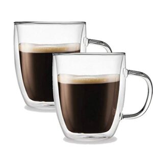 fixtade clear coffee mugs set of 2 - double wall cups with handle - glass tea mugs each 12 ounces（ 350ml）
