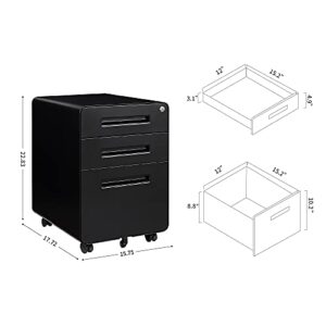 GREATMEET Metal File Cabinet with Lock, 3 Drawers Mobile Filing Cabinet with Anti-Tilt Mechanism, Hanging Drawer for Legal/Letter Files, Black