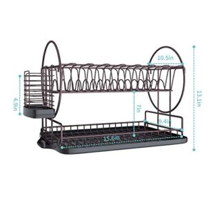 KeFanta Dish Drying Rack with Drainboard for Kitchen Counter, Bronze 2 Tier Dish Rack with Utensil Holder, Multifunction Dishes Drainer with Drainage, Double Tier Plate Drying Rack with Tray