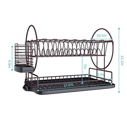 KeFanta Dish Drying Rack with Drainboard for Kitchen Counter, Bronze 2 Tier Dish Rack with Utensil Holder, Multifunction Dishes Drainer with Drainage, Double Tier Plate Drying Rack with Tray