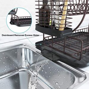 KeFanta Dish Drying Rack with Drainboard for Kitchen Counter, Bronze 2 Tier Dish Rack with Utensil Holder, Multifunction Dishes Drainer with Drainage, Double Tier Plate Drying Rack with Tray