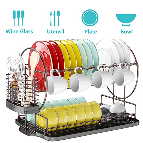 KeFanta Dish Drying Rack with Drainboard for Kitchen Counter, Bronze 2 Tier Dish Rack with Utensil Holder, Multifunction Dishes Drainer with Drainage, Double Tier Plate Drying Rack with Tray