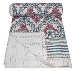 maviss homes indian multi hand block printed queen kantha quilt | pure cotton vintage kantha throw blanket |bedroom décor | super soft cozy vibe blanket; multicolour