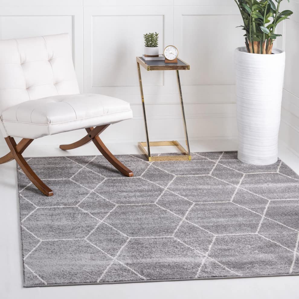 Unique Loom Trellis Frieze Collection Area Rug - Geometric (4' Square, Light Gray/ Ivory)