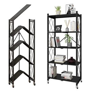 whifea 5 tier foldable no assembly storage shelves with wheels 28.3’’*15’’*63.2’’ free standing metal wire rack heavy duty pantry collapsible organizer for kitchen bedroom bathroom office black