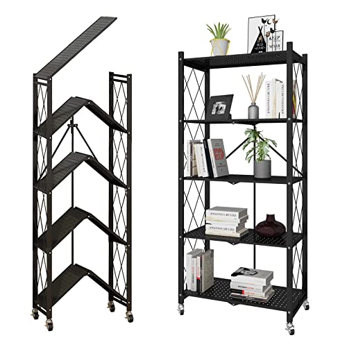 WHIFEA 5 Tier Foldable No Assembly Storage Shelves with Wheels 28.3’’*15’’*63.2’’ Free Standing Metal Wire Rack Heavy Duty Pantry Collapsible Organizer for Kitchen Bedroom Bathroom Office Black