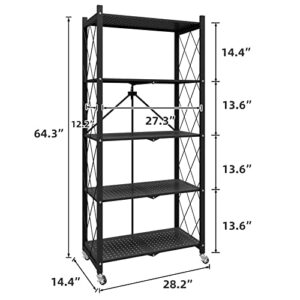 WHIFEA 5 Tier Foldable No Assembly Storage Shelves with Wheels 28.3’’*15’’*63.2’’ Free Standing Metal Wire Rack Heavy Duty Pantry Collapsible Organizer for Kitchen Bedroom Bathroom Office Black