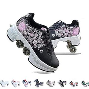 Roller Skates for Women,Shoes with Wheels for Girls/Boys,Men Outdoor Skates,Quad Skates for Kids,2 in 1 Double Line Skates/Kick Rollers Shoes for Adults,Parkour Deformed Shoes Unisex,Black2-7US