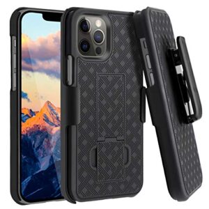 fingic compatible with iphone 12 pro max 5g case holster case combo shell slim rugged case with built-in kickstand swivel belt clip holster shockproof cover for apple iphone 12 pro max 6.7 inch, black