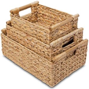 wicker baskets for storage organizing, water hyacinth storage baskets rectangular with wooden handles for shelves, natural wicker storage basket bins - set of wicker baskets for organizing with handle