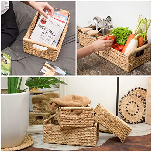 Wicker Baskets for Storage Organizing, Water Hyacinth Storage Baskets Rectangular with Wooden Handles for Shelves, Natural Wicker Storage Basket Bins - Set of Wicker Baskets for Organizing with Handle