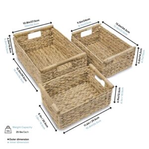 Wicker Baskets for Storage Organizing, Water Hyacinth Storage Baskets Rectangular with Wooden Handles for Shelves, Natural Wicker Storage Basket Bins - Set of Wicker Baskets for Organizing with Handle