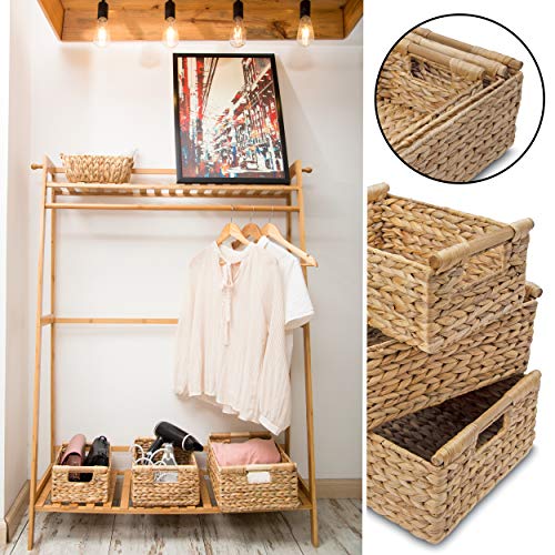 Wicker Baskets for Storage Organizing, Water Hyacinth Storage Baskets Rectangular with Wooden Handles for Shelves, Natural Wicker Storage Basket Bins - Set of Wicker Baskets for Organizing with Handle