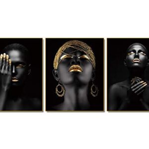 African American Wall Art Painting Black Woman Fashion Pop Gold Earrings Black Set of 3 (8”X10” Canvas Picture) Queen Portrait of Black Woman Room Poster Art Painting Bedroom for Home Decor Gift