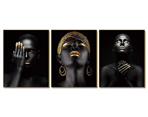 African American Wall Art Painting Black Woman Fashion Pop Gold Earrings Black Set of 3 (8”X10” Canvas Picture) Queen Portrait of Black Woman Room Poster Art Painting Bedroom for Home Decor Gift