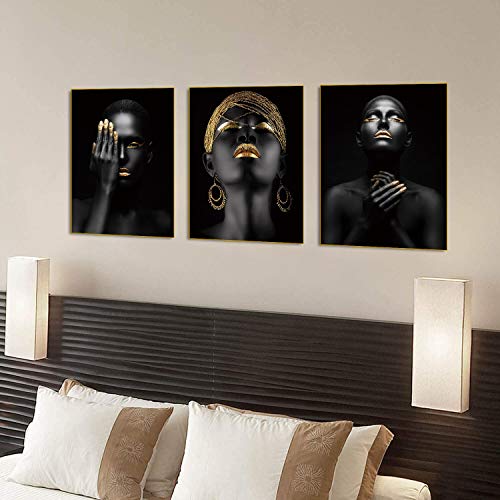 African American Wall Art Painting Black Woman Fashion Pop Gold Earrings Black Set of 3 (8”X10” Canvas Picture) Queen Portrait of Black Woman Room Poster Art Painting Bedroom for Home Decor Gift