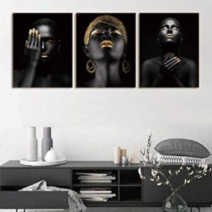 African American Wall Art Painting Black Woman Fashion Pop Gold Earrings Black Set of 3 (8”X10” Canvas Picture) Queen Portrait of Black Woman Room Poster Art Painting Bedroom for Home Decor Gift