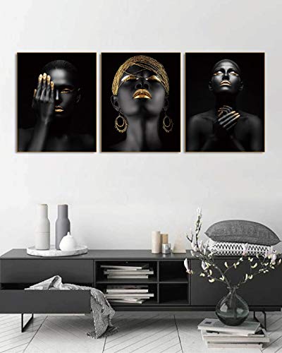 African American Wall Art Painting Black Woman Fashion Pop Gold Earrings Black Set of 3 (8”X10” Canvas Picture) Queen Portrait of Black Woman Room Poster Art Painting Bedroom for Home Decor Gift