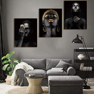 African American Wall Art Painting Black Woman Fashion Pop Gold Earrings Black Set of 3 (8”X10” Canvas Picture) Queen Portrait of Black Woman Room Poster Art Painting Bedroom for Home Decor Gift