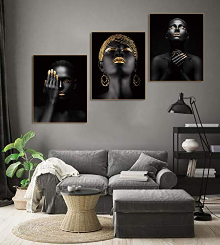 African American Wall Art Painting Black Woman Fashion Pop Gold Earrings Black Set of 3 (8”X10” Canvas Picture) Queen Portrait of Black Woman Room Poster Art Painting Bedroom for Home Decor Gift