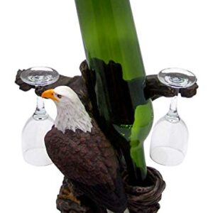 Bald Eagle Statue Wine Bottle Holder with Two Wine Glasses, Kitchen Decor, 8.5 Inch