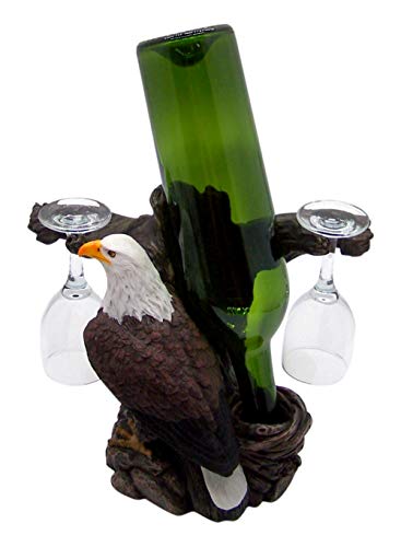 Bald Eagle Statue Wine Bottle Holder with Two Wine Glasses, Kitchen Decor, 8.5 Inch