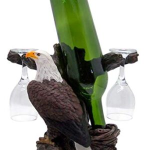 Bald Eagle Statue Wine Bottle Holder with Two Wine Glasses, Kitchen Decor, 8.5 Inch