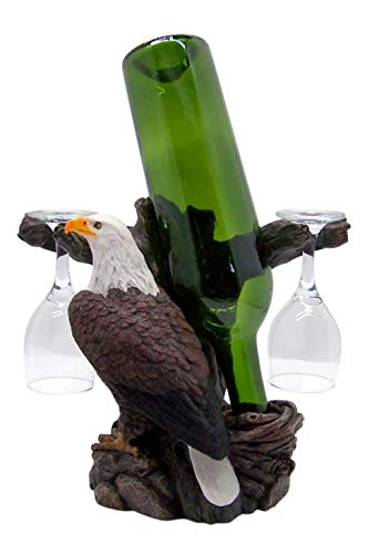 Bald Eagle Statue Wine Bottle Holder with Two Wine Glasses, Kitchen Decor, 8.5 Inch