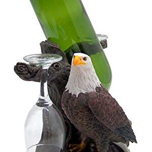 Bald Eagle Statue Wine Bottle Holder with Two Wine Glasses, Kitchen Decor, 8.5 Inch