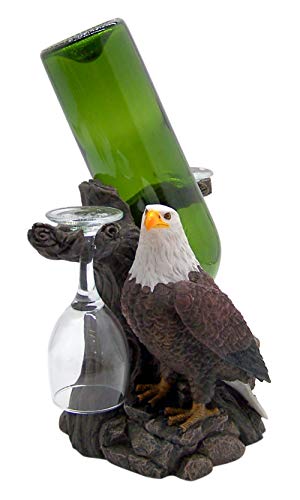 Bald Eagle Statue Wine Bottle Holder with Two Wine Glasses, Kitchen Decor, 8.5 Inch