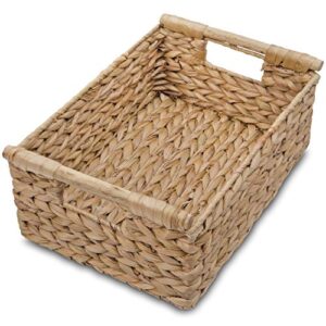 natural water hyacinth storage basket with handle, rectangular wicker basket for organizing, decorative wicker storage basket for living room, medium wicker basket 13.6 x 9.5 x 5.6 inches
