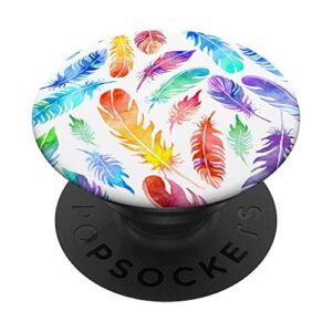 colorful feathers pattern boho style rainbow aztec feather popsockets grip and stand for phones and tablets