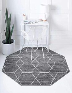 unique loom trellis frieze collection area rug - geometric (5' octagon, dark gray/ ivory)
