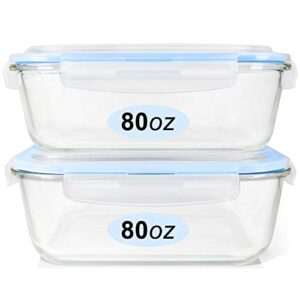 ecoevo glass food storage containers set, large size glass containers with lids, bpa-free locking lids, 100% leak proof glass meal prep containers, freezer to oven safe (2 pack of 80oz)
