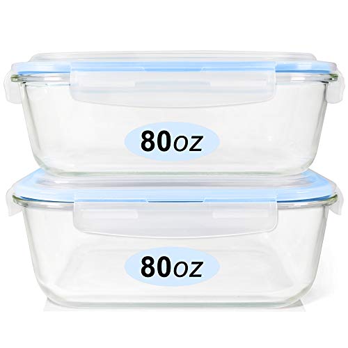 EcoEvo Glass Food Storage Containers Set, Large Size Glass Containers with Lids, BPA-free Locking lids, 100% Leak Proof Glass Meal Prep Containers, Freezer to Oven Safe (2 Pack of 80oz)