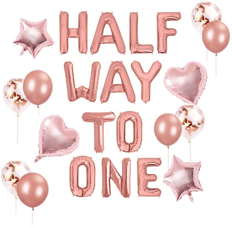 JeVenis 15 PCS Half Way To One Banner Half Way To One Rose Gold Balloons Decorations for Girl 1/2 Birthday Decorations