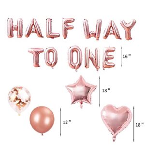 JeVenis 15 PCS Half Way To One Banner Half Way To One Rose Gold Balloons Decorations for Girl 1/2 Birthday Decorations