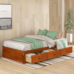 SOFTSEA Storage Bed with Drawers for Kids Twin Bed Frame Wood Platform Bed Frame with Wood Slat Support, No Box Spring Needed (Oak)