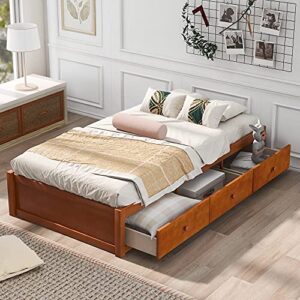 SOFTSEA Storage Bed with Drawers for Kids Twin Bed Frame Wood Platform Bed Frame with Wood Slat Support, No Box Spring Needed (Oak)