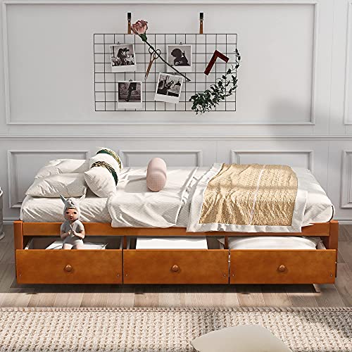 SOFTSEA Storage Bed with Drawers for Kids Twin Bed Frame Wood Platform Bed Frame with Wood Slat Support, No Box Spring Needed (Oak)